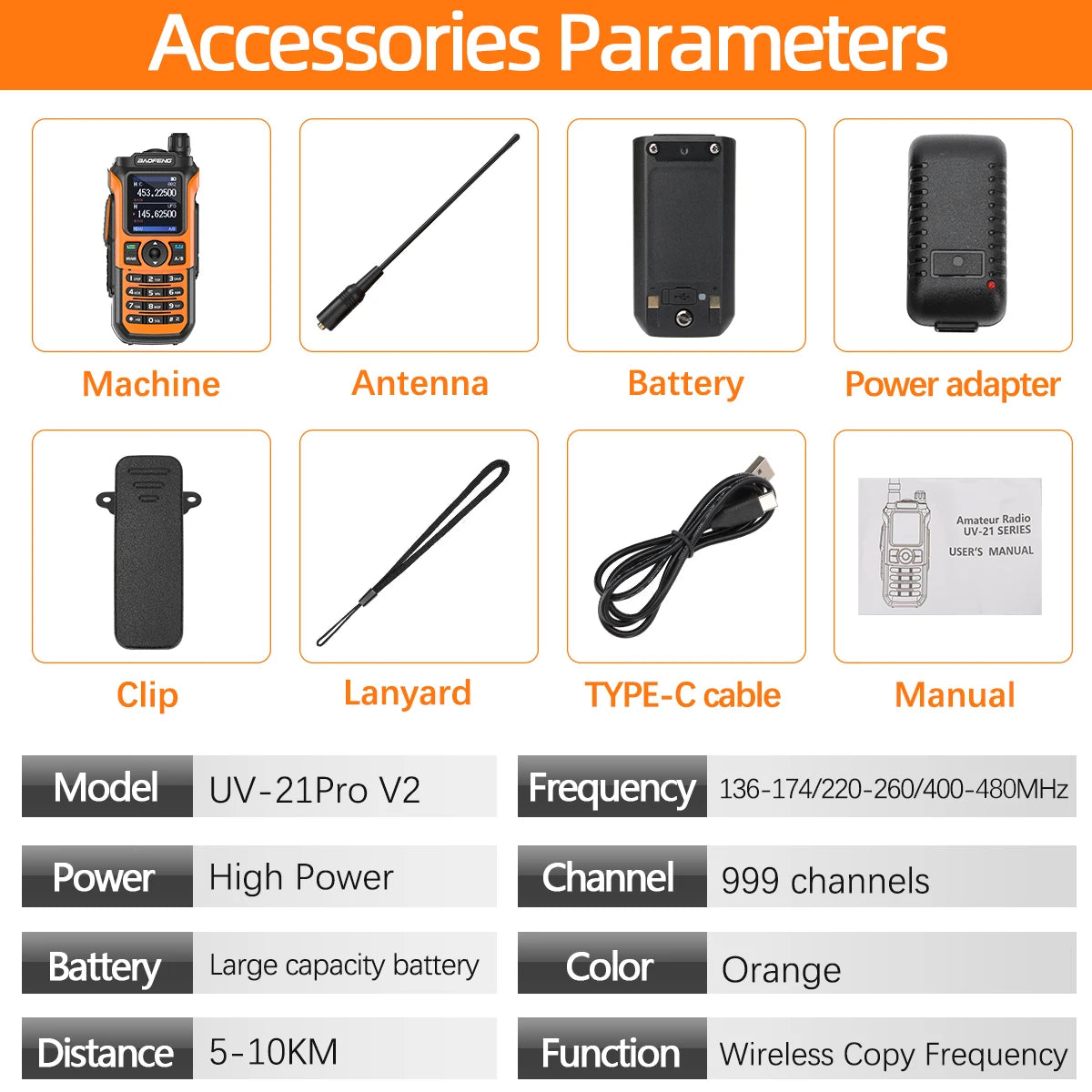 Baofeng UV-21 Pro V2 Wireless Copy Frequency Mutli Band Powerful Waterproof Long Range UV-5R Long Range Type-C Two Way Ham Radio