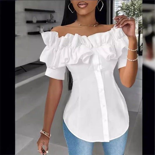 Sexy One-piece Collar Slim White Shirt And Blouses Women's Summer Short Sleeve Fashion Ruffle Button Cardigan Female Shirts Top