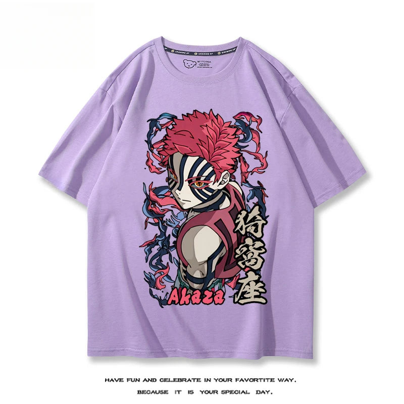 Hot Anime Demon Slayer Akaza Printed 100% Cotton T-Shirt Summer Outdoor Casual Comfortable Trendy Street Men's