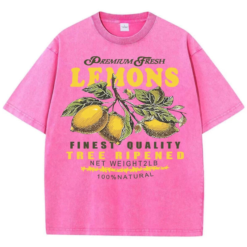Premium Fresh Lemons Fruit Print Women Washed T-Shirts Y2K Comfortable Short Sleeve Loose All-Match T Shirt Cotton Hip Hop Top