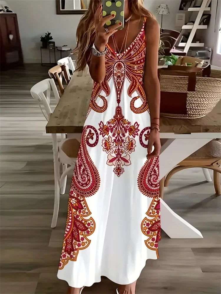 Summer Women's Fashion Vintage Print Maxi Dress Casual Elegant Sleeveless Halters Evening Dress Bohemian Style Women's Dress