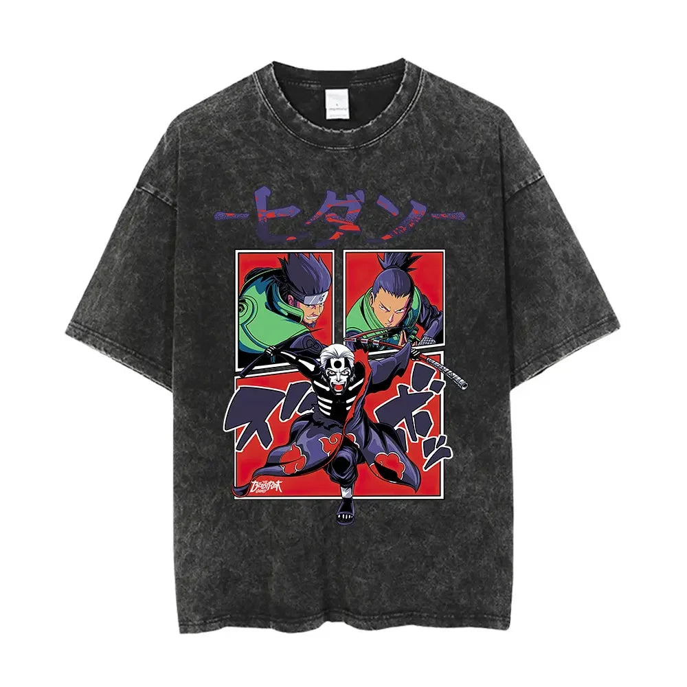 Men Washed Anime Naruto Print T Shirt Hip Hop Streetwear T-Shirt Harajuku Cotton Short Sleeve Casual Tshirt Summer Tops Tees