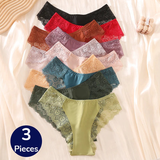 TrowBridge 3PCS/Set Sweet Women's Panties Silk Satin Underwear Lace Sexy Lingerie Girls Breathable Briefs Soft Comfortable Panty