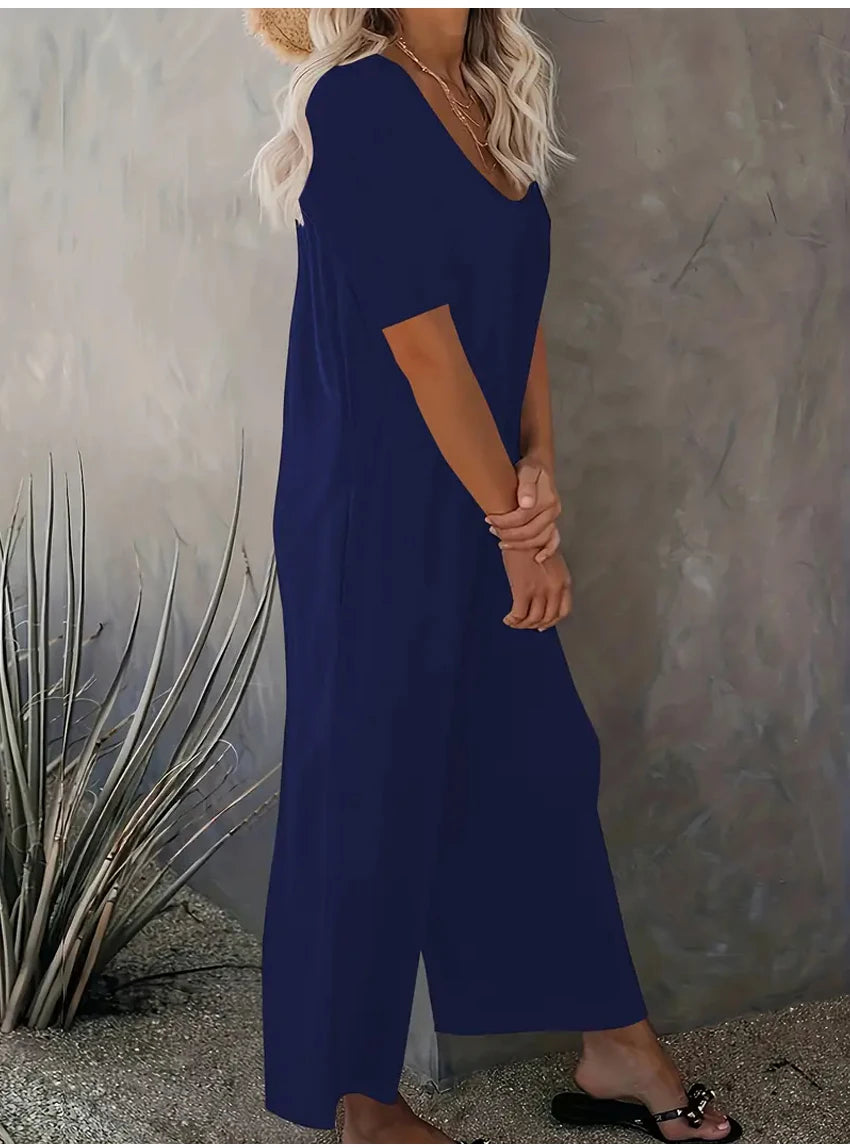 Plus Size 0XL-5XL Summer Rompers Overalls Women's Solid Color Jumpsuit with Pockets Casual Fashion Short Sleeve Jumpsuits