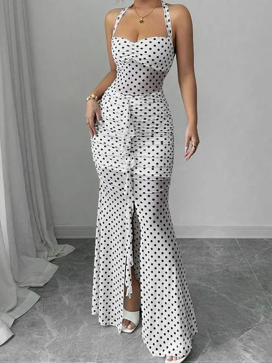 Women Maxi Dresses Summer New Streetwear Fashion Print Halter Split Casual Slim Dress Sexy Backless Low Chest V-Neck Lady Dress