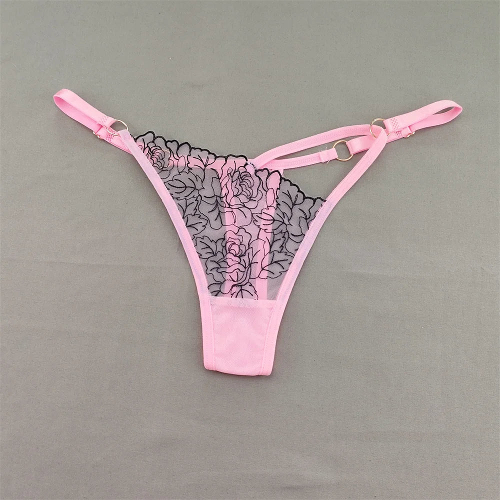 3pcs V-shaped Sexy Lace Floral Thong Women Hollow Out V-Strings Adjustable Belt Transparent Underwear