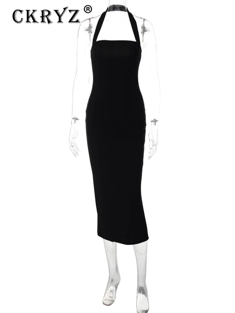 Ladies Summer Elegant New Midi Dress Women Sleeveless Backless Halter Long Dresses Evening Party Club Streetwear Woman Clothes