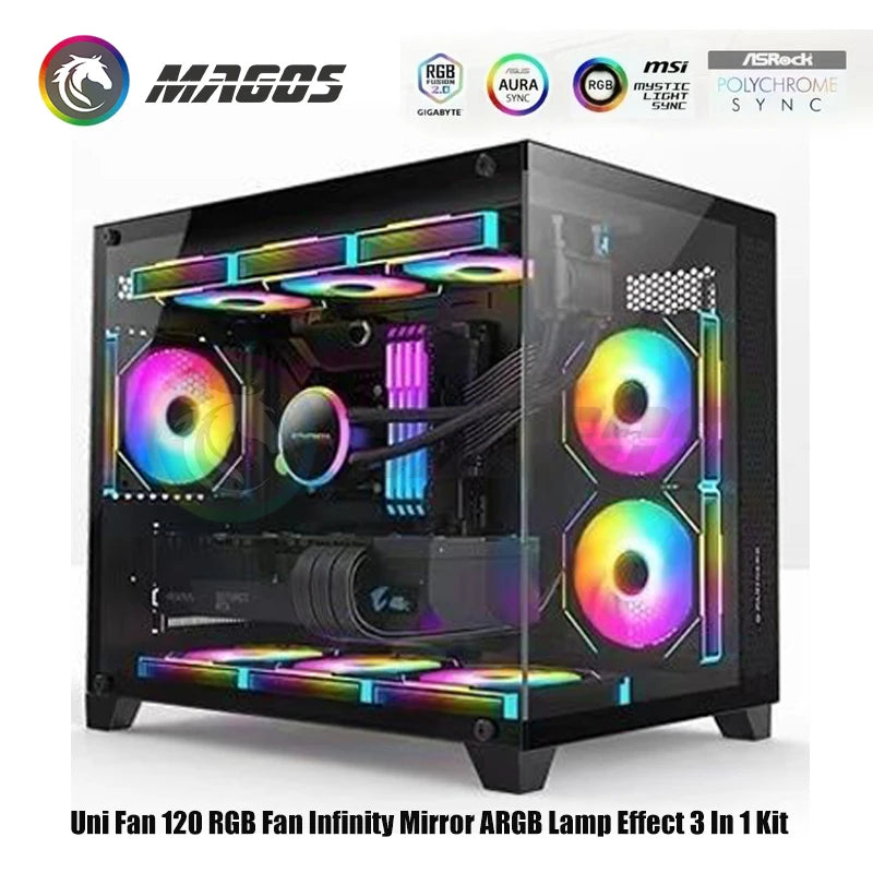 Infinity Mirror Uni Fan 3 in 1 Kit, ARGB Light Effect Forword Reverse Blade, PC Gamer Cabinet Water Cooling Silent Mute Radiator