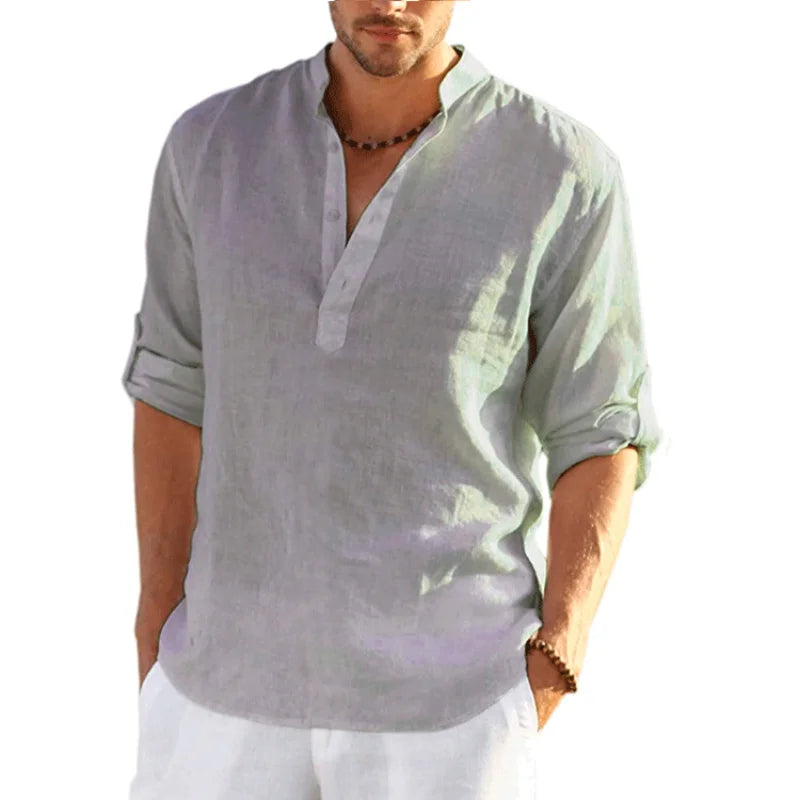 2023 New Men's Linen Long Sleeve T-Shirt Solid Color Loose Casual T-Shirt Long Sleeve Cotton Linen Shirt S-5XL