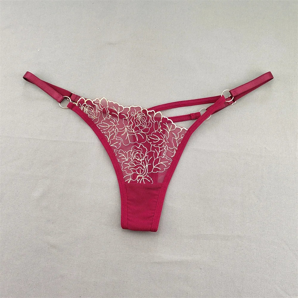 3pcs V-shaped Sexy Lace Floral Thong Women Hollow Out V-Strings Adjustable Belt Transparent Underwear