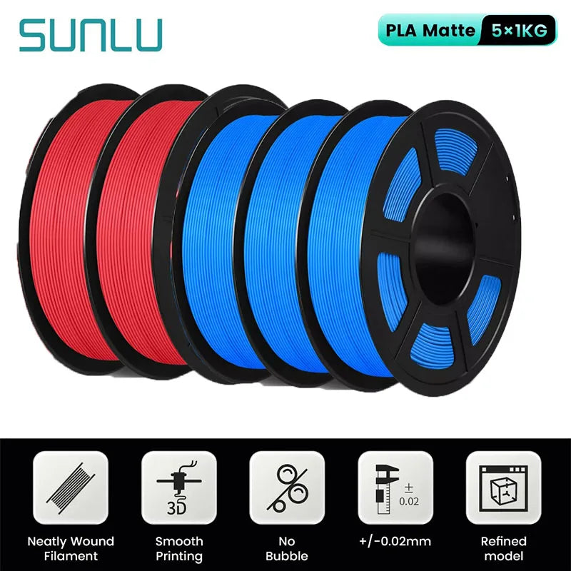 SUNLU 5Roll PLA Matte Filament 1.75mm 1kg Spool (2.2lbs) Smooth Matte Finish Neatly Wound Filament Fit Most FDM Printer