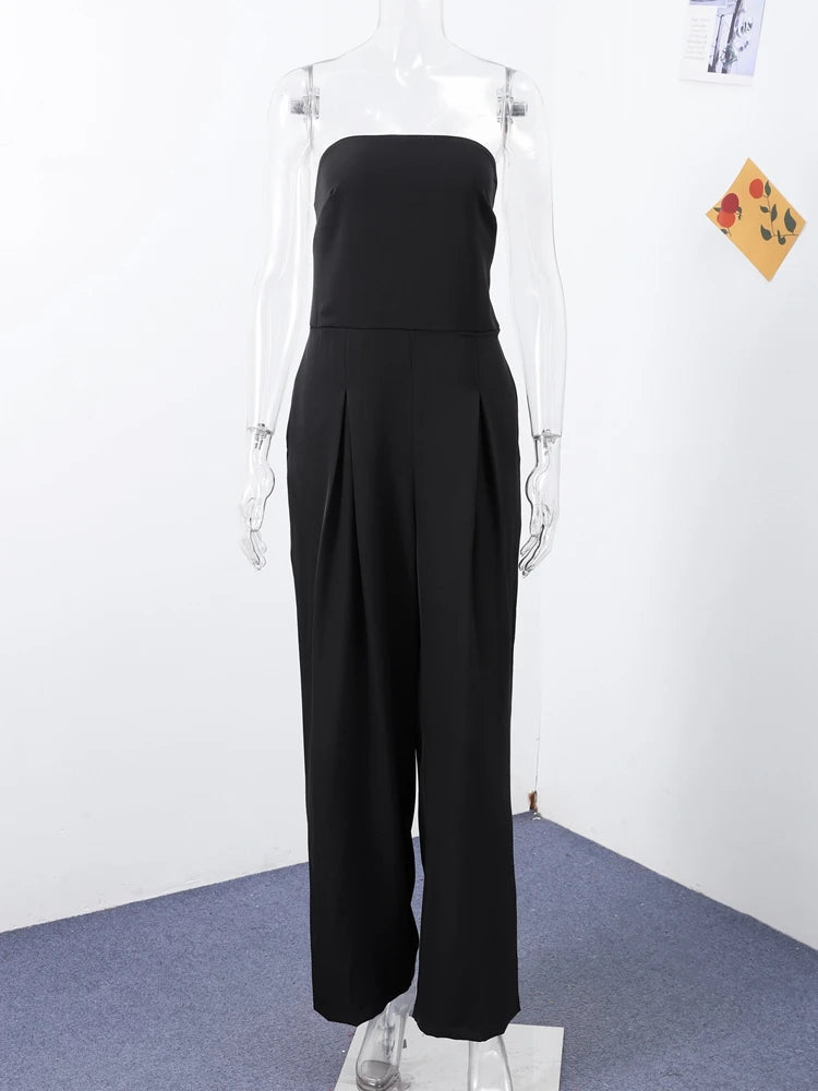 Sexy Backless Women's Jumpsuits Solid Off Shoulder Waist Cinching Pockets Wide Leg Pants Lady Bodysuit Summer Female Outwears