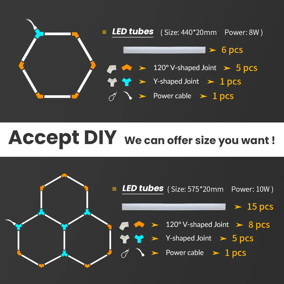 Customizable Shape DIY Hexagon Garage Honeycomb Car Body Lighting Lamp LED Tube PC AC85-265V Accessories Barbershop Workshop