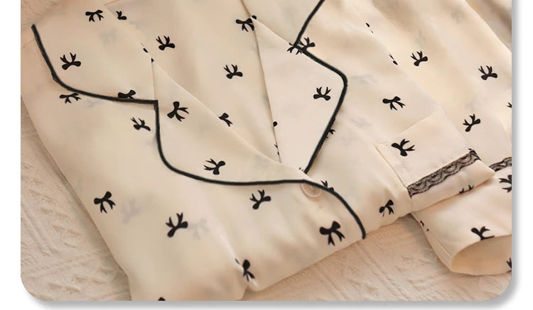 Sweet Cute Lace Flower Side Bow Print Women's Pajamas Simulated Silk Short Summer Cool Lady Lounges 2024 New Classy Y2k Homewear