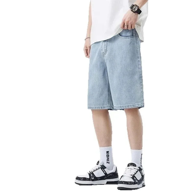 2025 new Fashion Streetwear Men's Denim Shorts Summer Loose Vintage Harajuku Splicing Hip-hop Cargo Moto Short Jeans Black Blue
