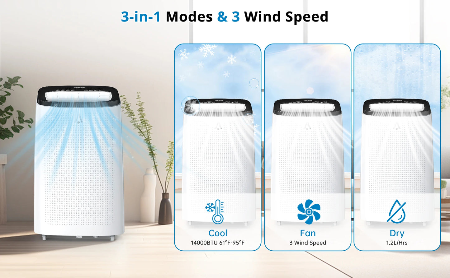 Portable Air Conditioner 14000 BTU Cool Up to 750 Sq.Ft 3-in-1 AC Unit Dehumidifier Fan Remote Control 24Hrs Timer for Home