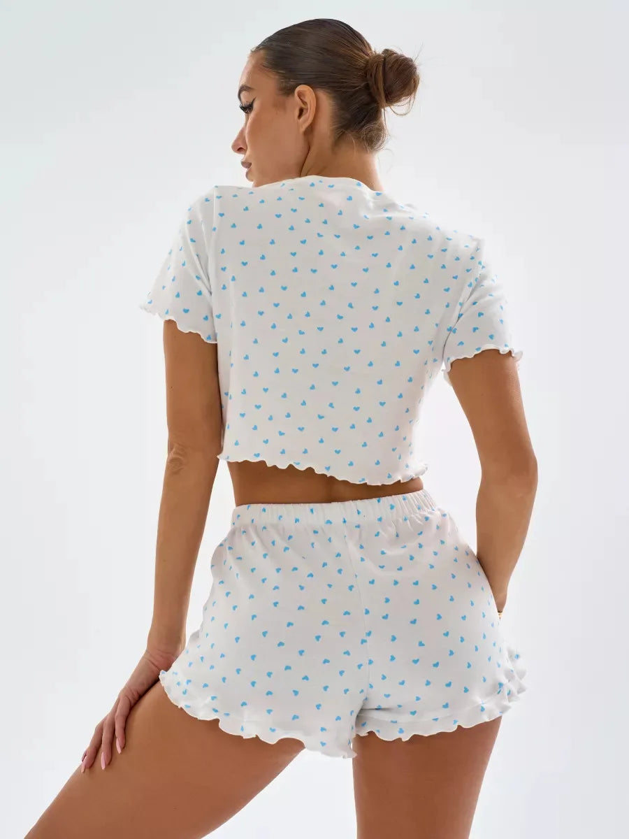 New Summer Women's Pajama Set, Cotton-blend Home Wear With Heart Print, Casual Round Neck Short Sleeve Shorts Two-piece Set