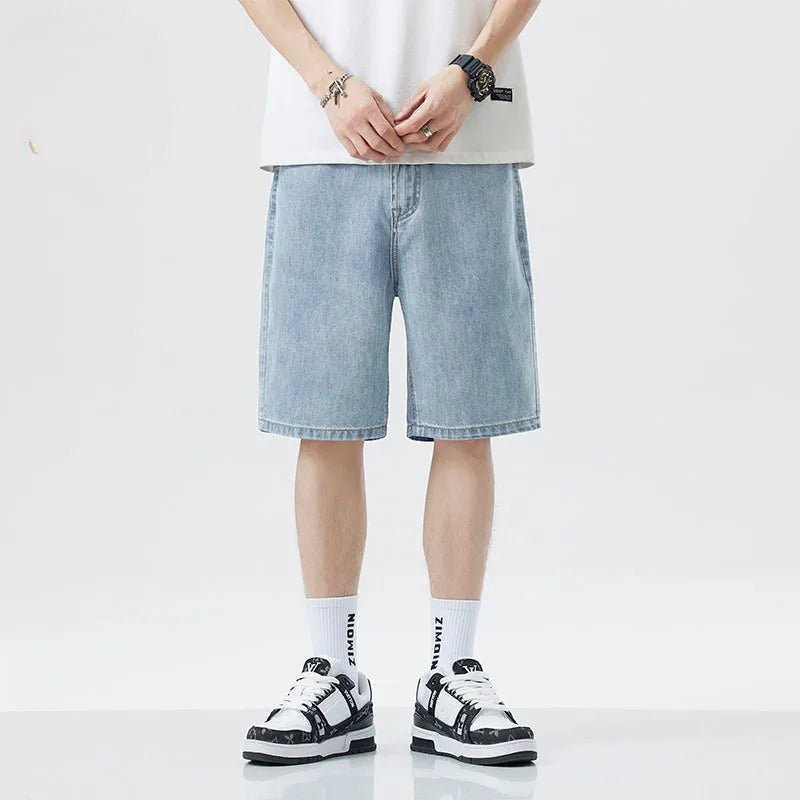 2025 New American retro short men's wide leg jeans Y2k Gothic washed loose straight leg casual men's denim shorts sports pants
