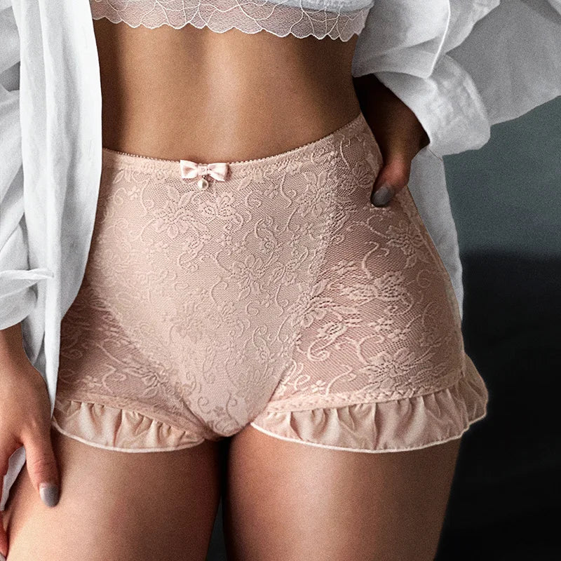 SP&CITY High Waist Flower Embroidery Sexy Lace Women's Underwear Transparent Shorts Mesh Hollowed Panties Ruffle Seamless Briefs
