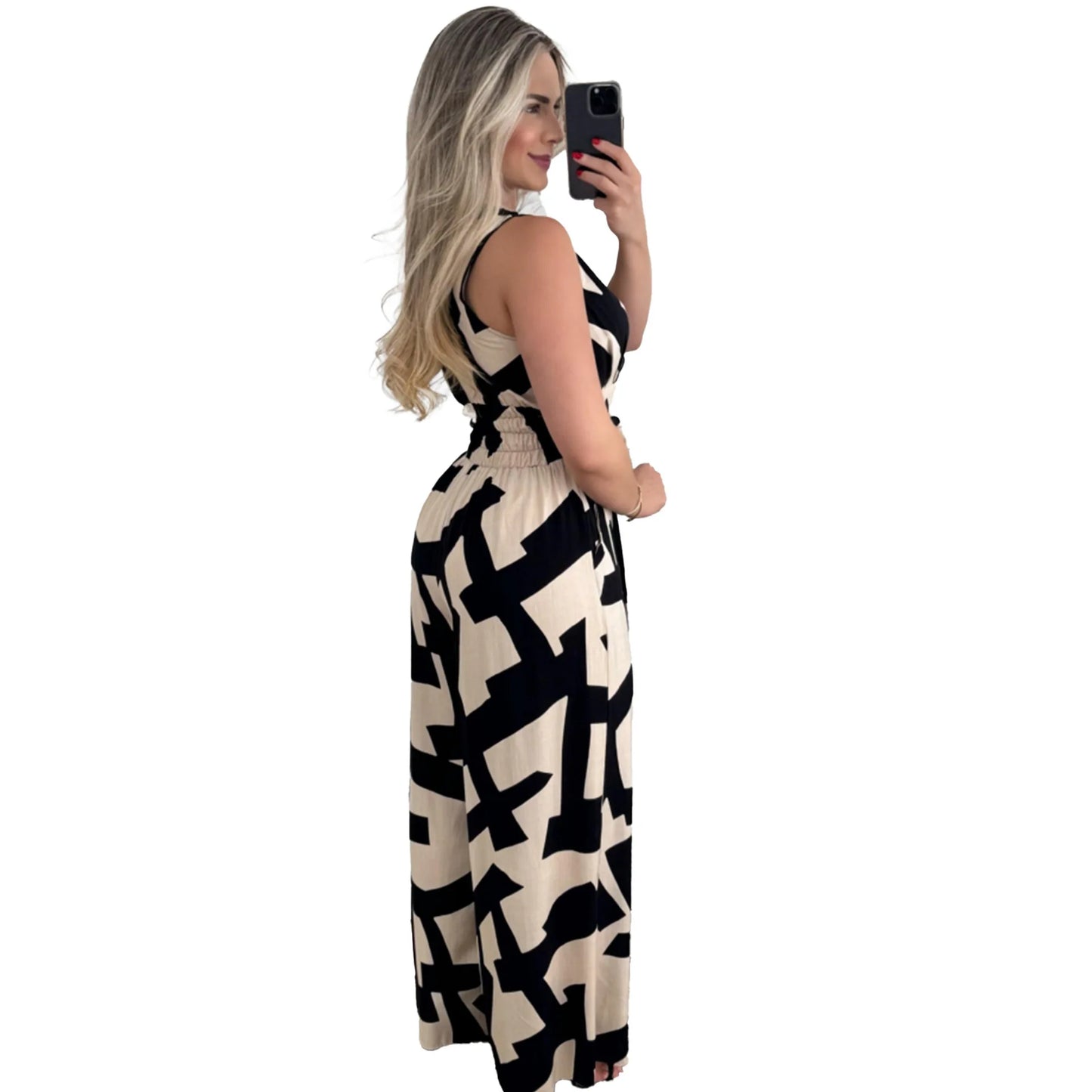 Autumn Women's Fashionable And Casual Jumpsuit Color Matching Deep V-waist Tied Sleeveless Mid Waist Straight Jumpsuit Women