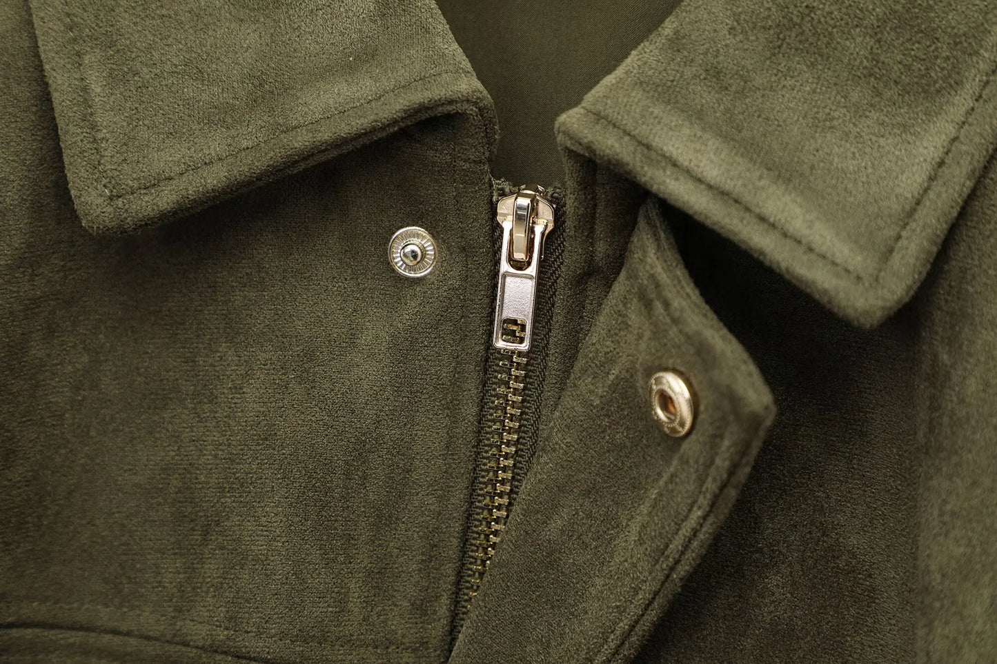 TRAFZA Women Brown Green Suede Jacket Loose Casual Bomber Coat Lapel Zipper Long Sleeve Jackets Vintage Lady Motorcycle Outwears