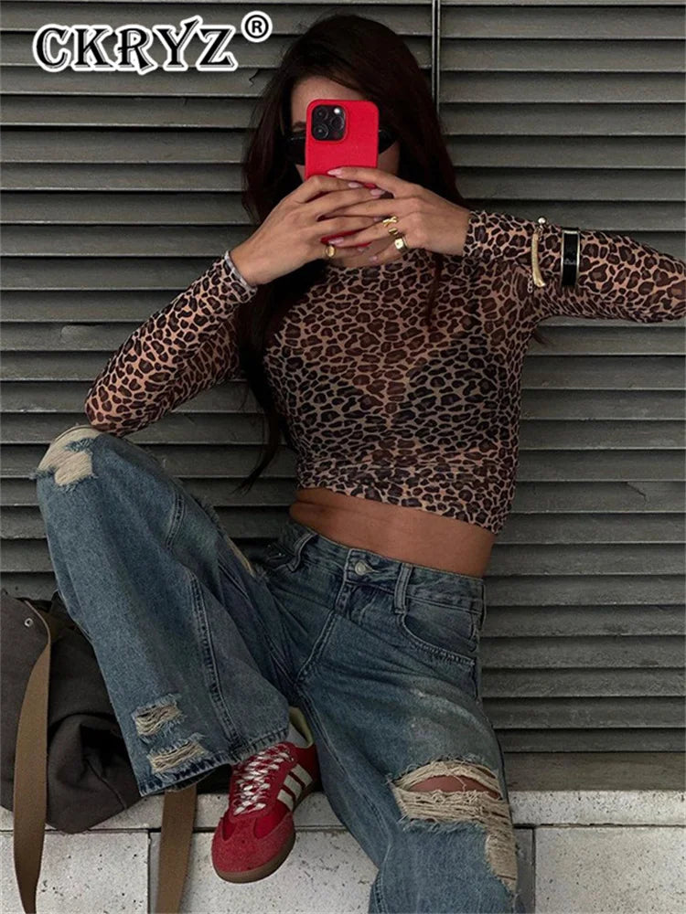 Ladies summer Leopard Print Clubwear Y2K Clothes Women Long Sleeve O-Neck Mesh See Through Slim T Shirt Holiday Streetwear Tees