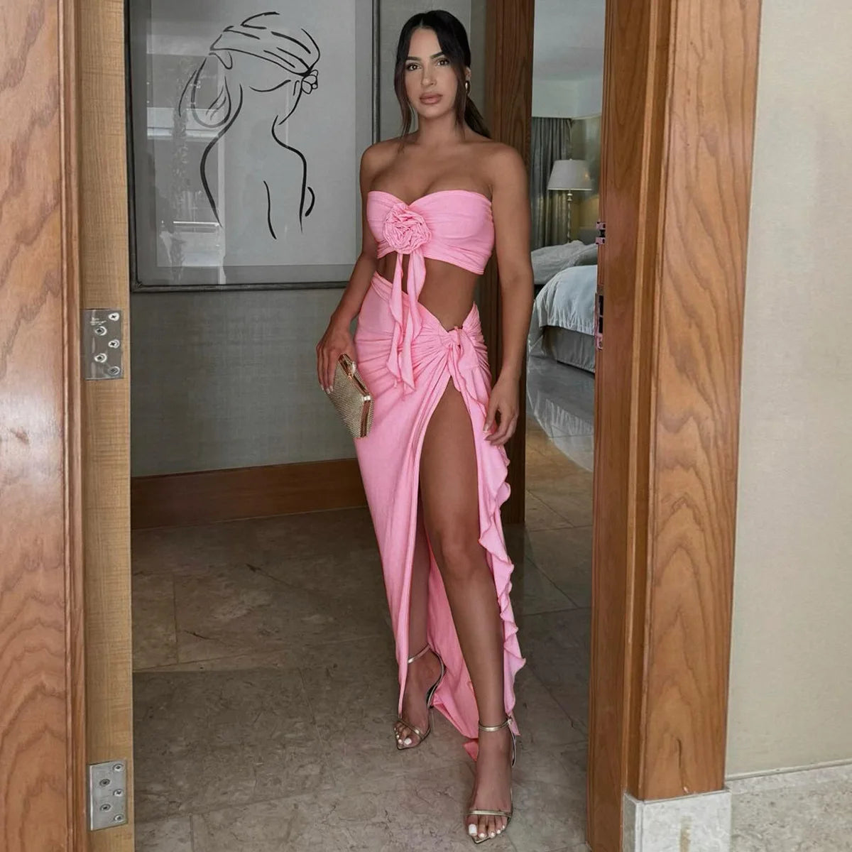 Ladies Matching Suit Applique Strapless Ruched Crop Top Ruffles Split Midi Dress Set Women Summer Party Club Y2K Fashion Outfits