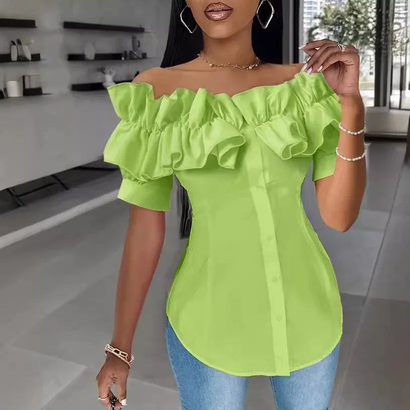 Sexy One-piece Collar Slim White Shirt And Blouses Women's Summer Short Sleeve Fashion Ruffle Button Cardigan Female Shirts Top