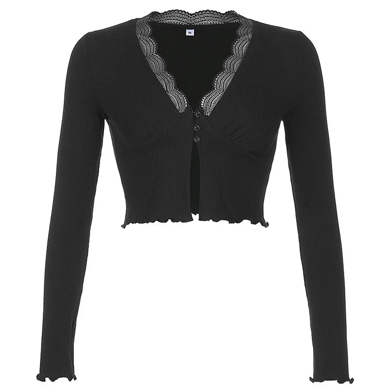 Female Clothing Solid Color Lace Splicing Wood Ear Edge Pit Strip cardigan Long Sleeve T-shirt casual V-neck Top Women's blouse