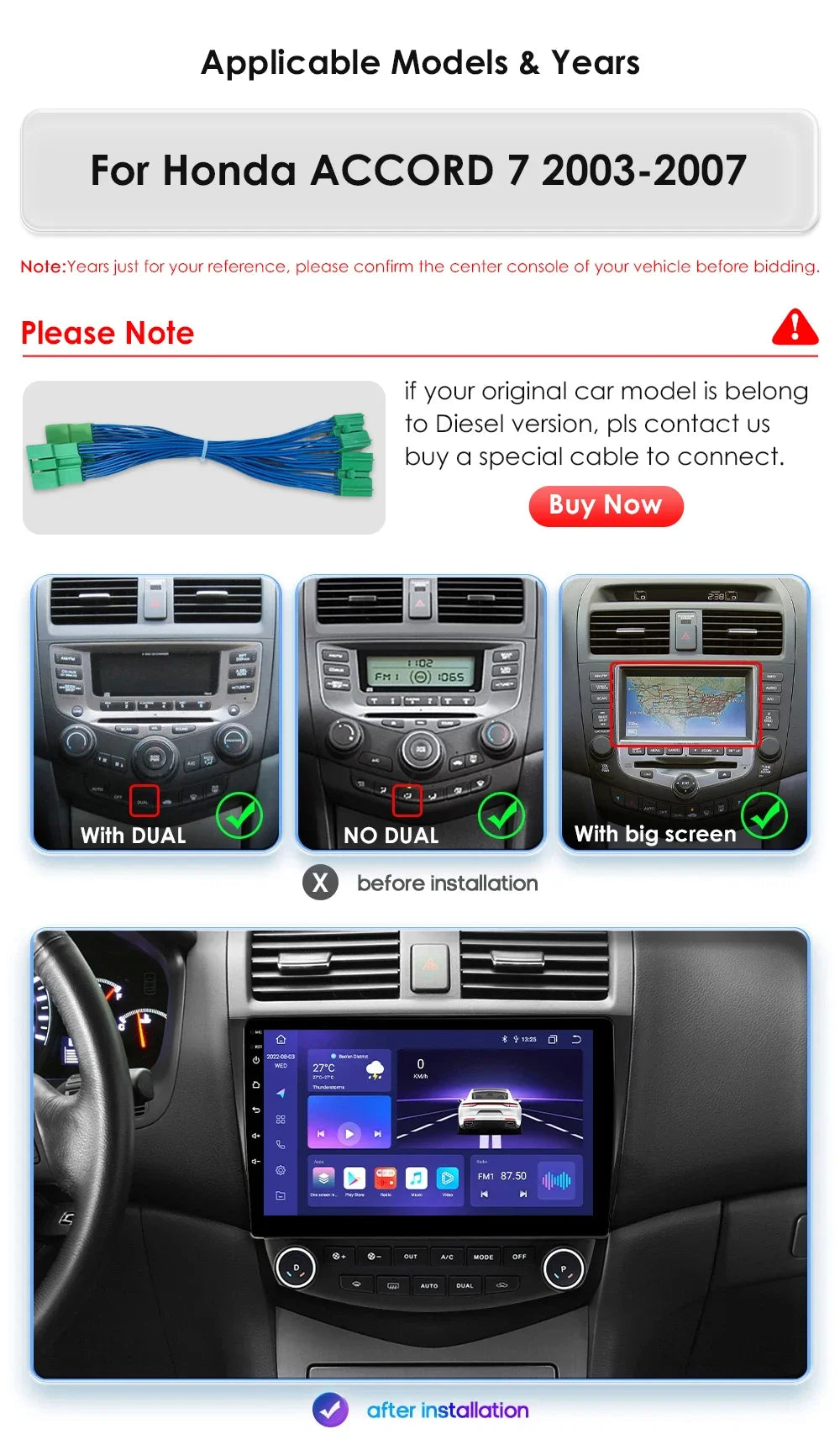 Carplay Android Car Radio For Honda ACCORD 7 2003-2007 Multimedia player GPS Navi Stereo 7862 Autoradio 2din Diesel screen 4G BT