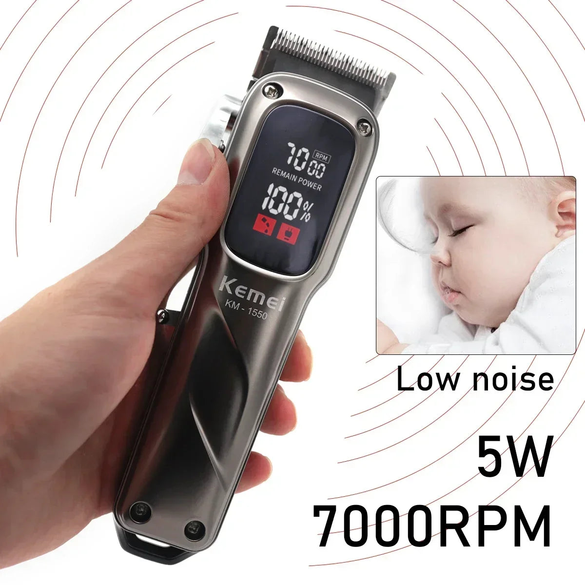 KEMEI Km-1550 Professional Hair Clipper for Men LED Display Low Noise Cordless USB Interface Hair Cutting Machine Hair Trimmer
