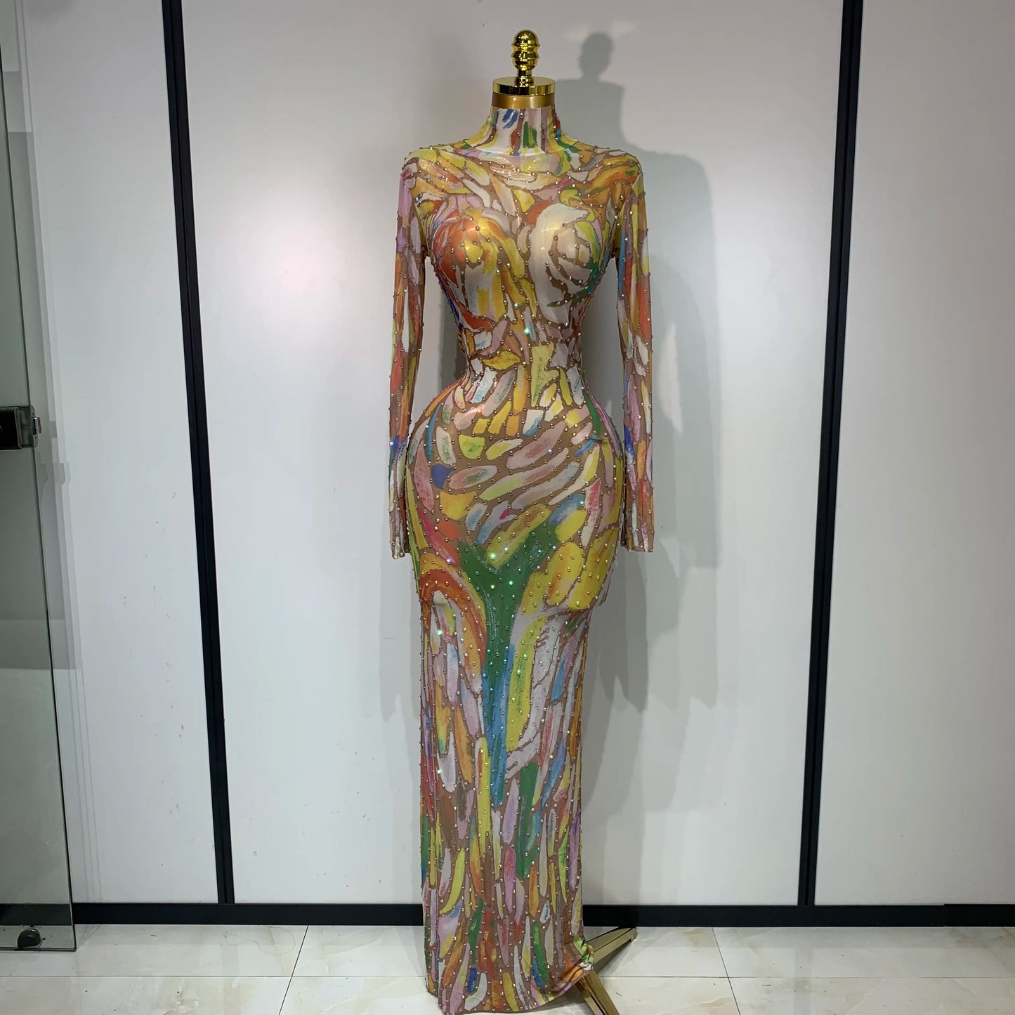 Sparkly Rhinestone Stretchy Mesh See Through Jumpsuit Women Performance Dancer Costume Rompers Party Nightclub Stage Outfit