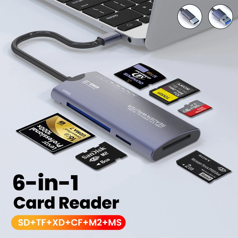 Elough 6 in 1 Card Reader SD TF XD CF M2 Memory Card Readers USB Adapter Type C High Speed Data Transfer Cardreader For Laptop