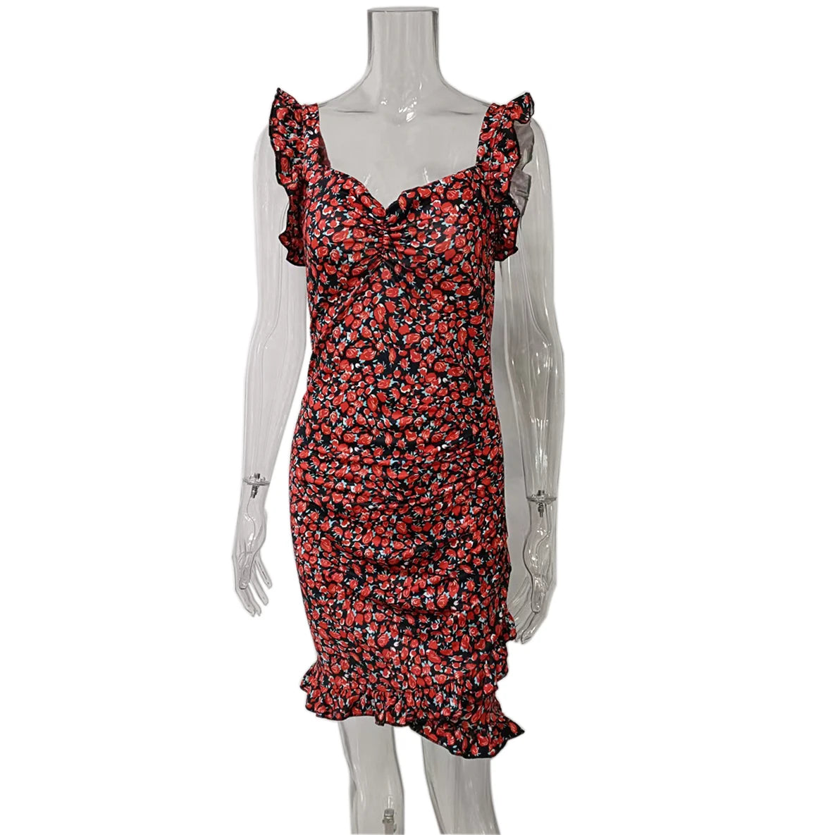 Summer Sexy Floral Bodycon Mini Dress Women 2024 Fashion Sleeveless Bandage Tunics Party Dresses Casual Red Ruffles Sundress