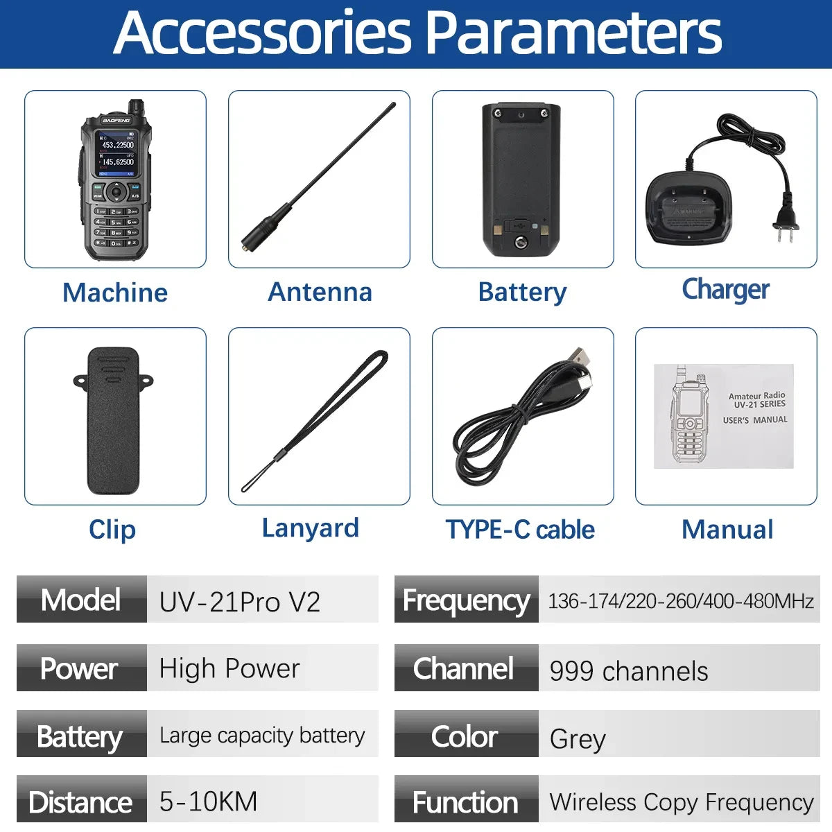 Baofeng UV-21 Pro V2 Wireless Copy Frequency Mutli Band Powerful Waterproof Long Range UV-5R Long Range Type-C Two Way Ham Radio