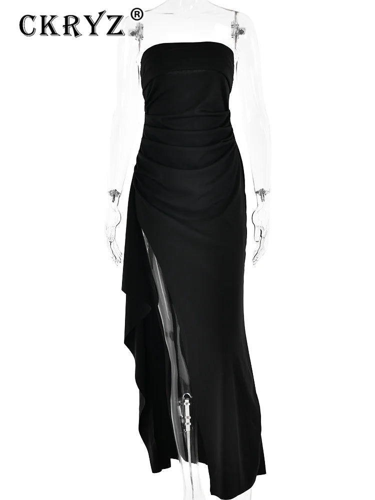 Ladies Summer Ruffle Side Slit Fashion Evening Party Dress Women Sleeveless Backless Tube Maxi Dresses Club Streetwear Outfits