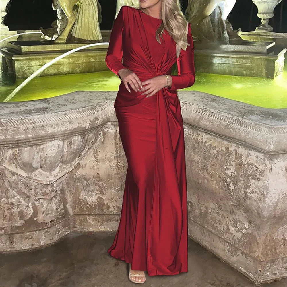 Elegant High Waist Pleated Maxi Dress Women's New Solid O Neck Long Sleeve Slim Dress Luxury Party Evening Gown Robe