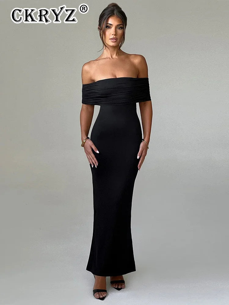 Ladies Summer Off Shoulder Fashion Evening Party Dresses For Women Strapless Backless Ruched Maxi Dress Birthday Clubwear Outfit