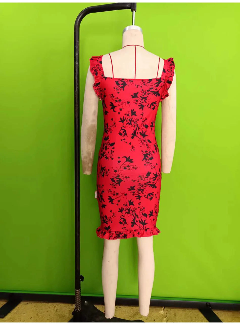 Summer Sexy Floral Bodycon Mini Dress Women 2024 Fashion Sleeveless Bandage Tunics Party Dresses Casual Red Ruffles Sundress
