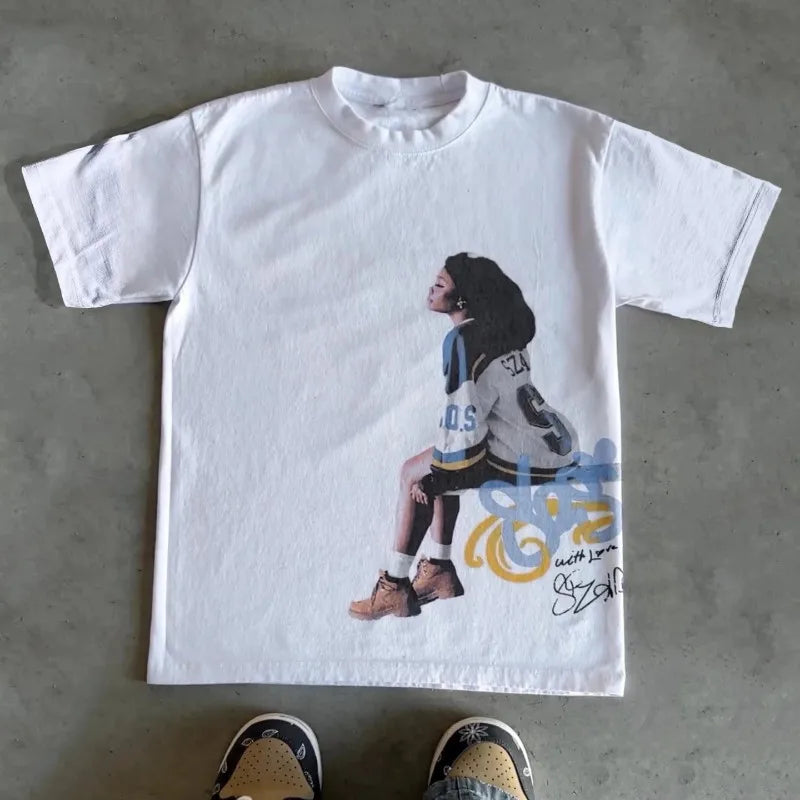 2000s Vintage Casual Girl Print Y2k Women's Short Sleeve O-Neck Streetwear Harajuku Gothic Tee Crop Top Women's Clothes