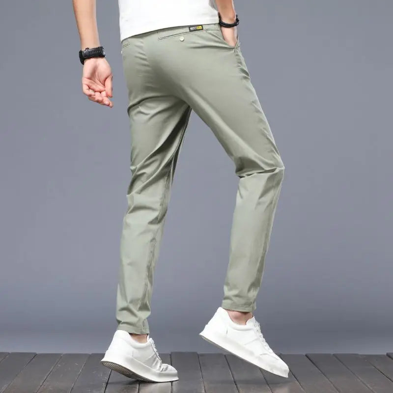 Men Ice Silk Casual Suit Pants Male Slim Fit Korean Style Blazer Pants Summer Thin Ankle Length Cropped Light Gray Trousers