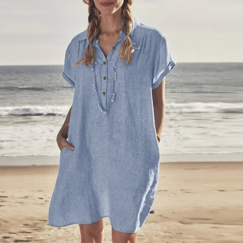 Women's L-5XL Plus Size Summer Cotton and Linen Short Sleeved Button Dress with Lapel Pockets Solid Color Loose Fitting Dress
