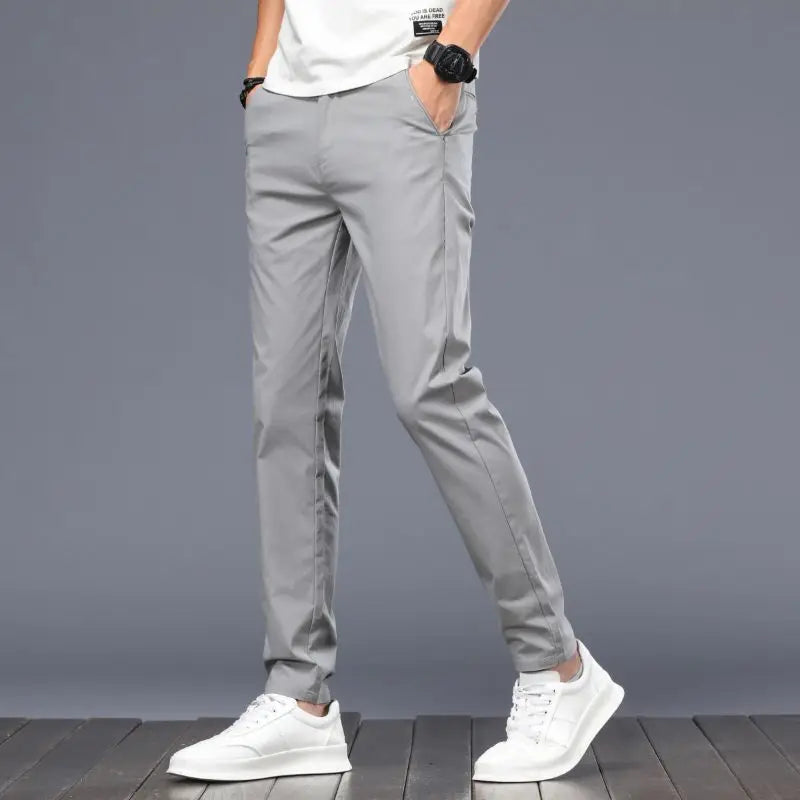 Men Ice Silk Casual Suit Pants Male Slim Fit Korean Style Blazer Pants Summer Thin Ankle Length Cropped Light Gray Trousers