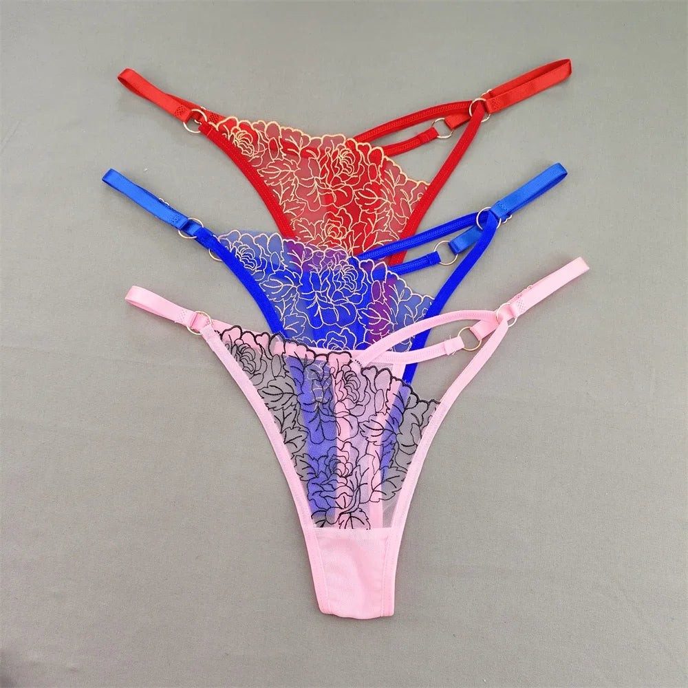 3pcs V-shaped Sexy Lace Floral Thong Women Hollow Out V-Strings Adjustable Belt Transparent Underwear