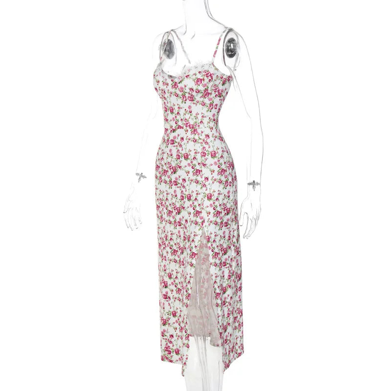 Ladies Summer Floral Print Fashion Evening Party Dress Women Sleeveless Backless Side Slit Midi Dresses Woman Clothes Clubwear