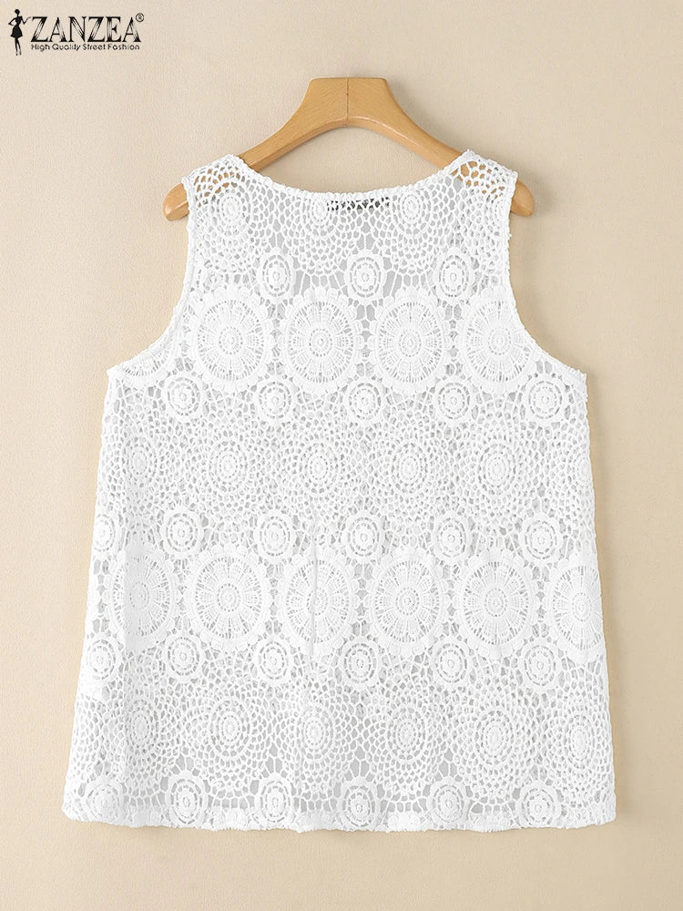 2025 Women Sleeveless Tanks Tops ZANZEA Summer Bohemain Lace Crochet Blouse Casual Loose Camis Fashion Holiday Beach Shirt Mujer