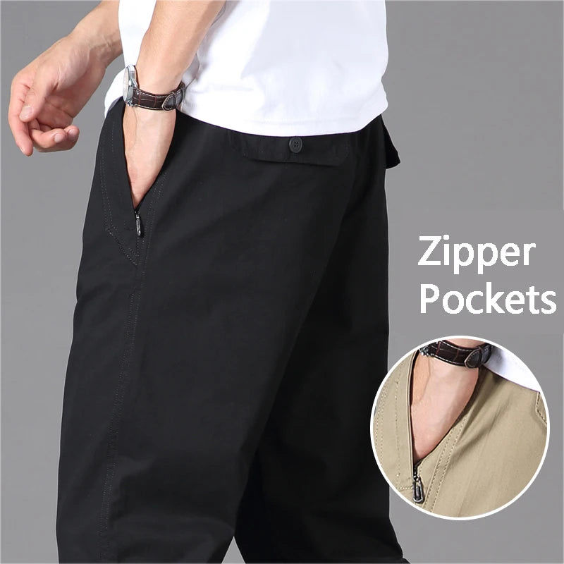 Mens Casual Pants With Zipper Pockets Cotton High Quality 2023 Summer Autumn Stretchable Waist Sports Work Utility Trousers