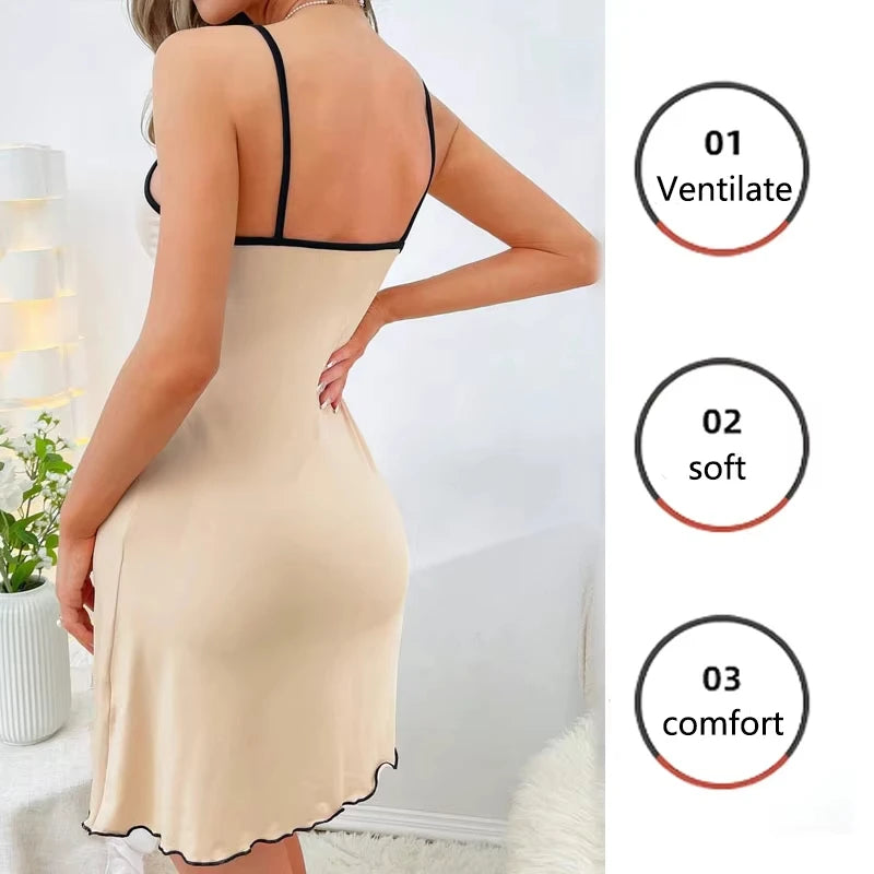 New Womens Sexy Little Bear Print Nightgown Cute Cami Sleep Dress Mini Spaghetti Strap Lettuce Hem Contrast Trim Loungewear