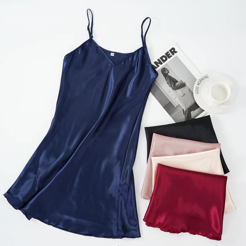 Women's Sexy Silk Satin Night Dress Sleeveless Nighties V-neck Nightgown Nightdress Plus Size Sleepwear Nightwear