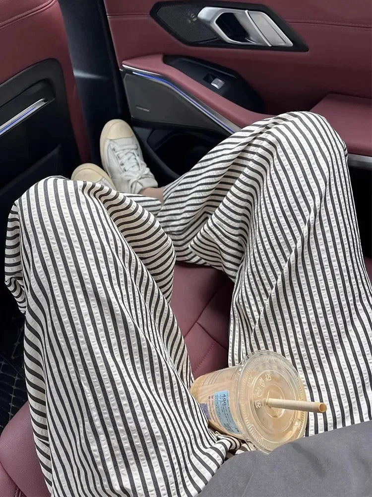 Pajama Pants Striped Spring Summer Long Premium Feeling Home Pants Student Straight Pants Elastic Waist Women Sleeping Pants